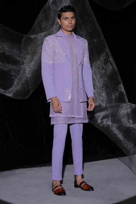 Ankur J_Purple Jacket And Pant Baribie Crepe Embroidered Bead Floral Kurta Set _at_Aza_Fashions