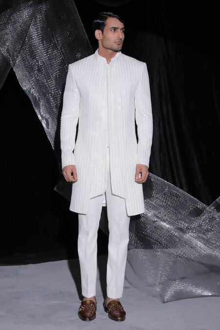 Buy_Ankur J_Ivory Jacket Zeta Crepe Embroidered Sequin Bandhgala With Pant _Online_at_Aza_Fashions