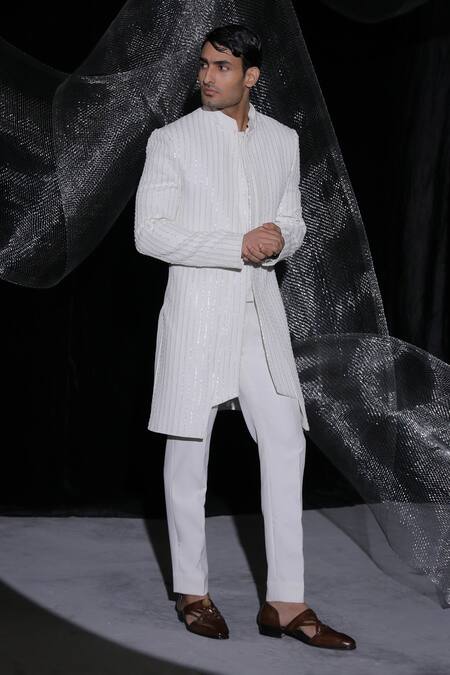 Ankur J_Ivory Jacket Zeta Crepe Embroidered Sequin Bandhgala With Pant _at_Aza_Fashions