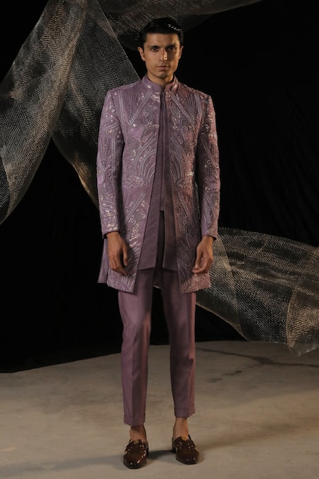 Ankur J_Purple Moss Crepe Embroidered Sequin Bandhgala Set With Pant _Online_at_Aza_Fashions