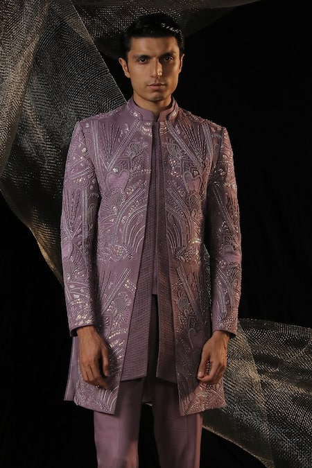 Buy_Ankur J_Purple Moss Crepe Embroidered Sequin Bandhgala Set With Pant _Online_at_Aza_Fashions