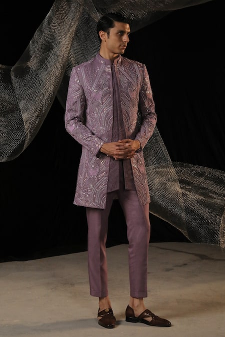 Shop_Ankur J_Purple Moss Crepe Embroidered Sequin Bandhgala Set With Pant _Online_at_Aza_Fashions