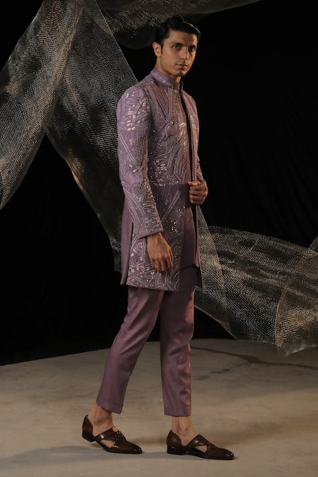Ankur J_Purple Moss Crepe Embroidered Sequin Bandhgala Set With Pant _at_Aza_Fashions
