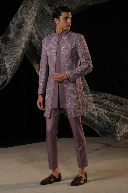 Buy_Ankur J_Purple Moss Crepe Embroidered Sequin Bandhgala Set With Pant 