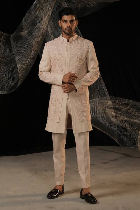 Ankur J_Cream Moss Crepe Embroidered Sequin Bandhgala With Pant _Online_at_Aza_Fashions