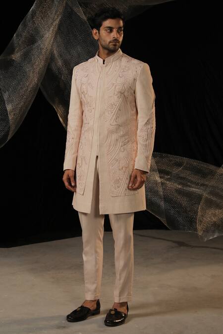 Buy_Ankur J_Cream Moss Crepe Embroidered Sequin Bandhgala With Pant _Online_at_Aza_Fashions