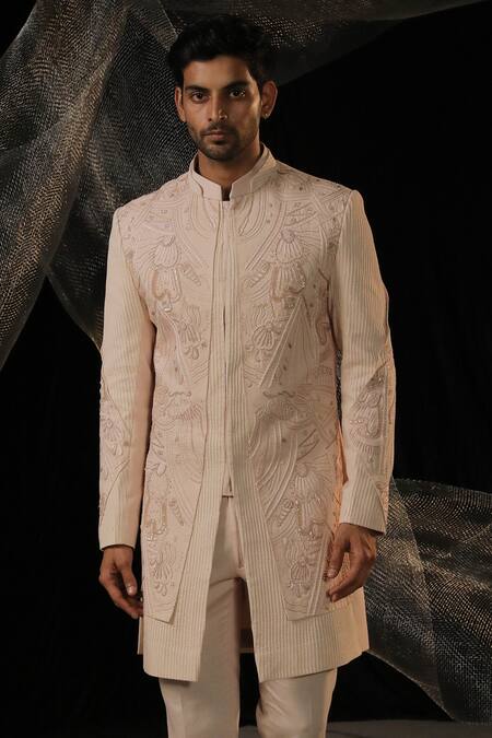 Shop_Ankur J_Cream Moss Crepe Embroidered Sequin Bandhgala With Pant _Online_at_Aza_Fashions