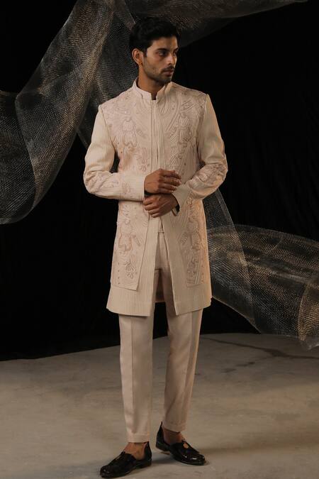 Ankur J_Cream Moss Crepe Embroidered Sequin Bandhgala With Pant _at_Aza_Fashions