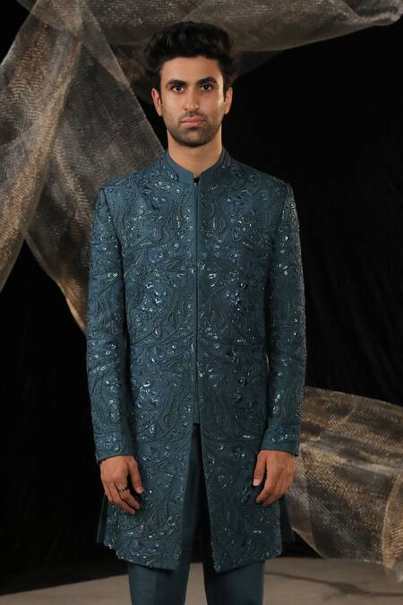 Ankur J_Blue Moss Crepe Embroidery Resham Work Sherwani With Pant _Online_at_Aza_Fashions