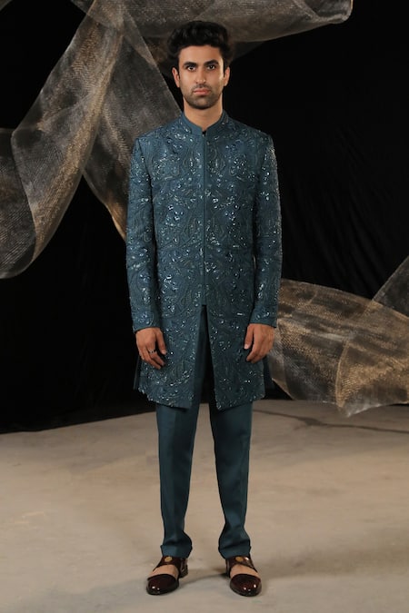 Buy_Ankur J_Blue Moss Crepe Embroidery Resham Work Sherwani With Pant _Online_at_Aza_Fashions