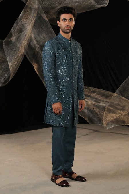 Shop_Ankur J_Blue Moss Crepe Embroidery Resham Work Sherwani With Pant _Online_at_Aza_Fashions