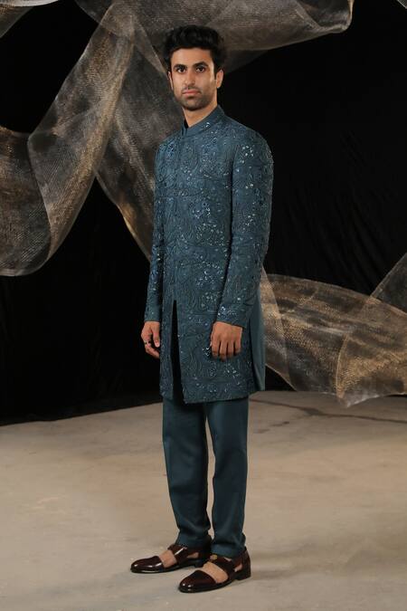 Ankur J_Blue Moss Crepe Embroidery Resham Work Sherwani With Pant _at_Aza_Fashions