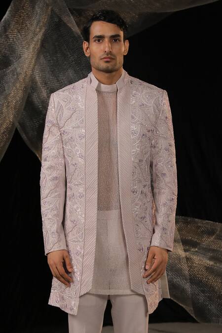 Ankur J_Purple Signature Self Manufactured Kurta Work Front Open Sherwani And Set _Online_at_Aza_Fashions