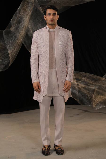 Buy_Ankur J_Purple Signature Self Manufactured Kurta Work Front Open Sherwani And Set _Online_at_Aza_Fashions