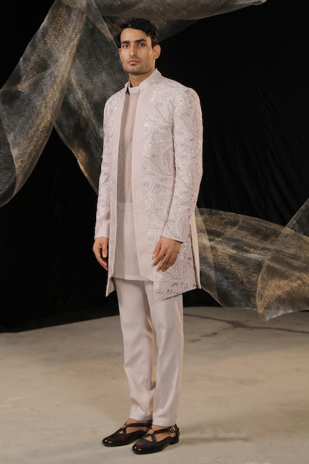 Shop_Ankur J_Purple Signature Self Manufactured Kurta Work Front Open Sherwani And Set _Online_at_Aza_Fashions