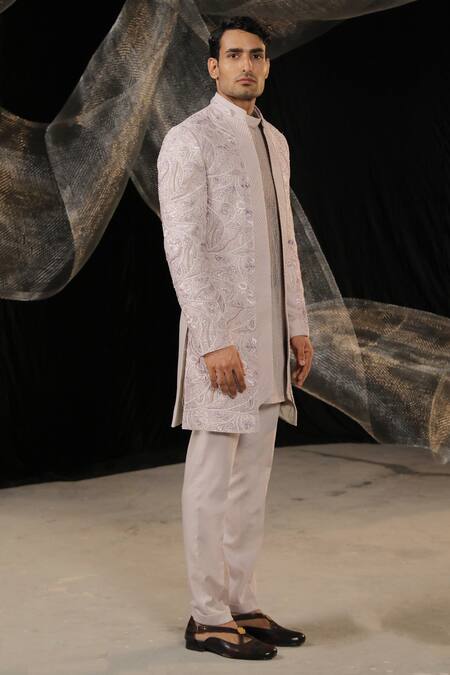Ankur J_Purple Signature Self Manufactured Kurta Work Front Open Sherwani And Set _at_Aza_Fashions
