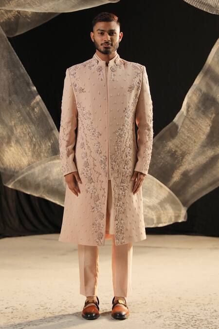 Ankur J_Pink Moss Crepe Sherwani Embroidery Resham And Kurta Set _Online_at_Aza_Fashions
