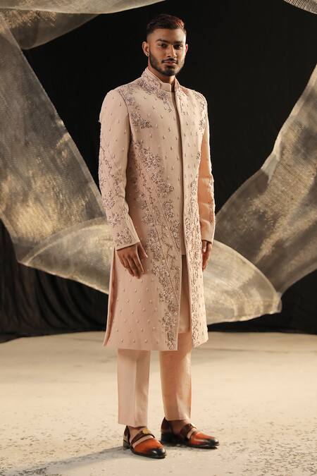 Buy_Ankur J_Pink Moss Crepe Sherwani Embroidery Resham And Kurta Set _Online_at_Aza_Fashions