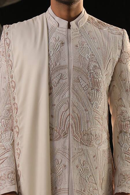Ankur J Ivory Bubble Crape Fabric Sherwani Embroidery Zardozi And Kurta Set Online at Aza Fashions Ankur J_Ivory Bubble Crape Fabric Sherwani Embroidery Zardozi And Kurta Set _Online_at_Aza_Fashions