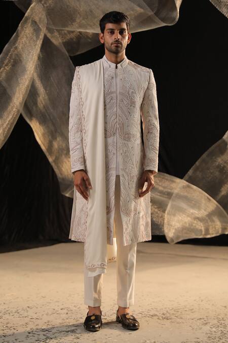 Buy_Ankur J_Ivory Bubble Crape Fabric Sherwani Embroidery Zardozi And Kurta Set _Online_at_Aza_Fashions