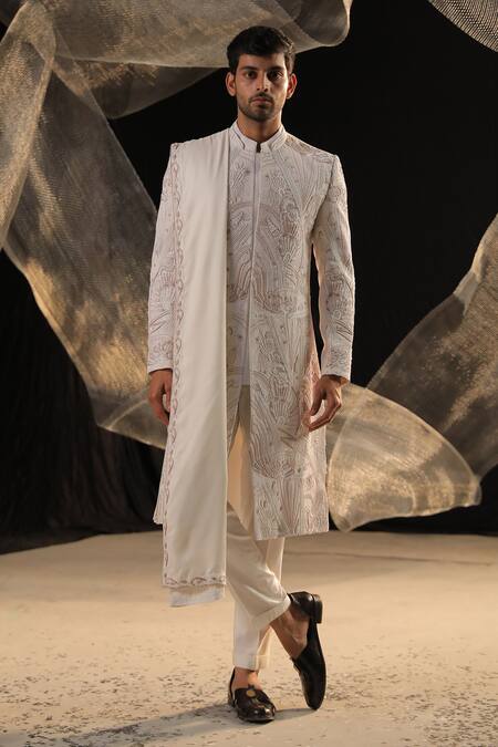 Shop_Ankur J_Ivory Bubble Crape Fabric Sherwani Embroidery Zardozi And Kurta Set _Online_at_Aza_Fashions