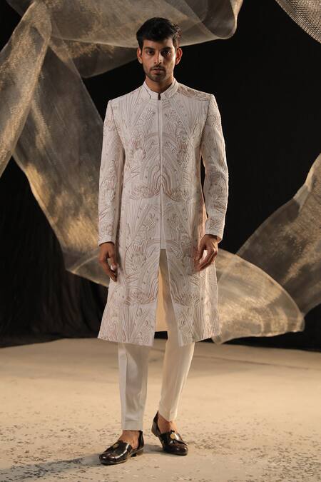 Ankur J_Ivory Bubble Crape Fabric Sherwani Embroidery Zardozi And Kurta Set _at_Aza_Fashions