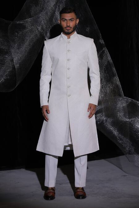 Ankur J_White Avadhi Silk Sherwani Plain Textured And Kurta Set _Online_at_Aza_Fashions