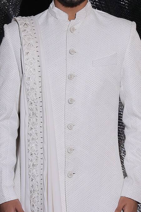 Buy_Ankur J_White Avadhi Silk Sherwani Plain Textured And Kurta Set _Online_at_Aza_Fashions
