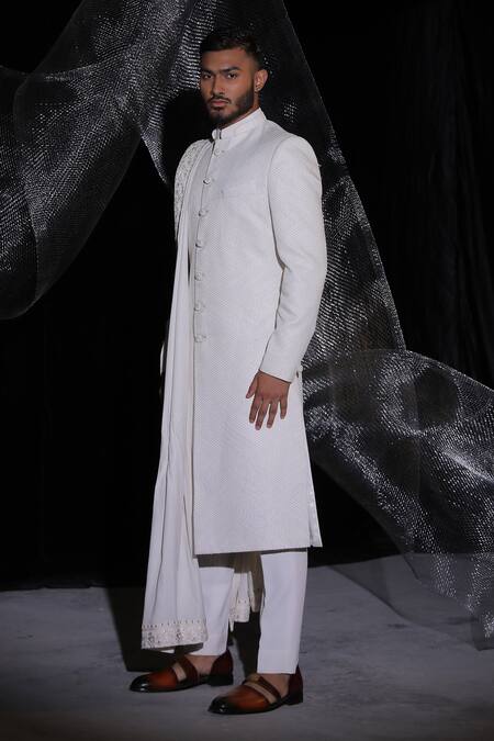Shop_Ankur J_White Avadhi Silk Sherwani Plain Textured And Kurta Set _Online_at_Aza_Fashions