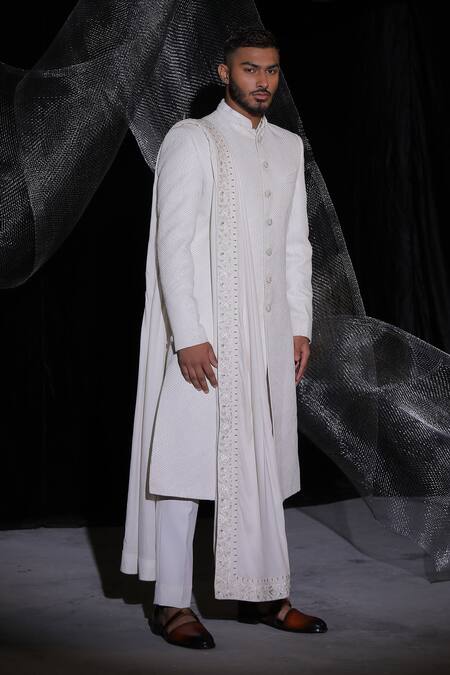 Ankur J_White Avadhi Silk Sherwani Plain Textured And Kurta Set _at_Aza_Fashions