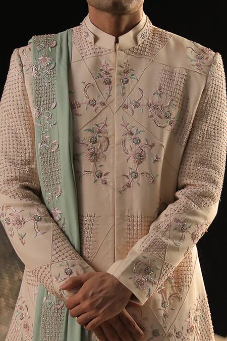 Ankur J Beige Zeera Moss Sherwani Embroidery Floral Hand Set Online at Aza Fashions Ankur J_Beige Zeera Moss Sherwani Embroidery Floral Hand Set _Online_at_Aza_Fashions
