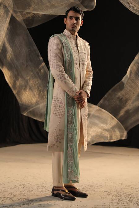 Buy_Ankur J_Beige Zeera Moss Sherwani Embroidery Floral Hand Set _Online_at_Aza_Fashions