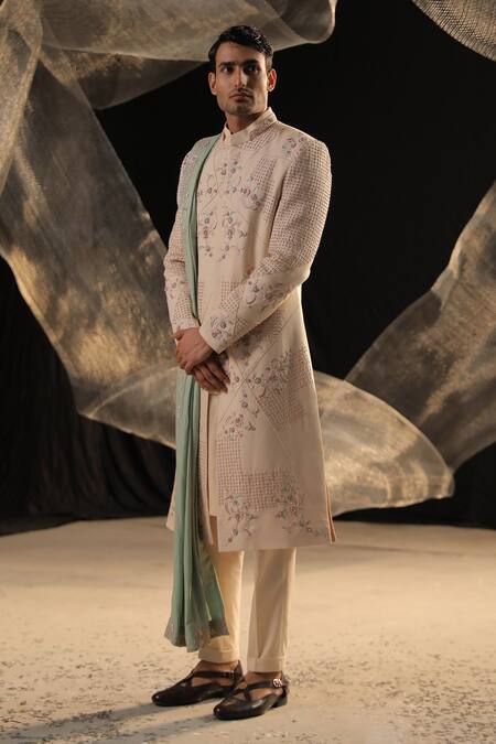 Shop_Ankur J_Beige Zeera Moss Sherwani Embroidery Floral Hand Set _Online_at_Aza_Fashions
