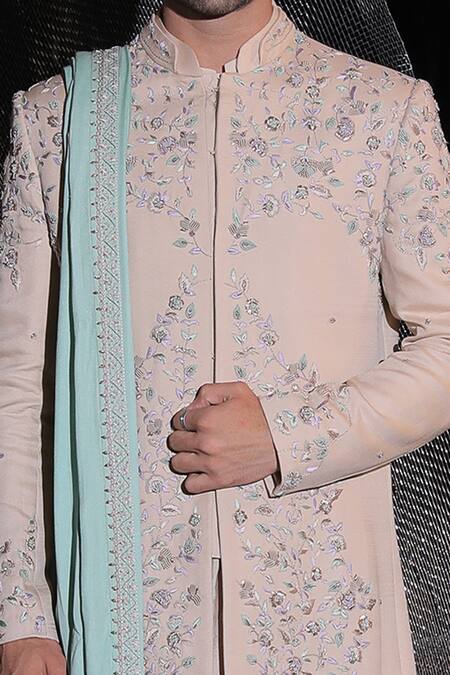 Ankur J_Beige Zeera Moss Sherwani Embroidery Resham And Dabka Work Set _Online_at_Aza_Fashions