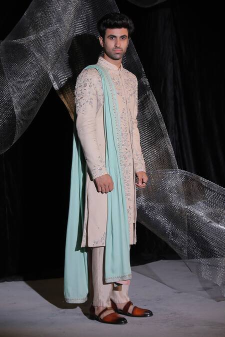 Buy_Ankur J_Beige Zeera Moss Sherwani Embroidery Resham And Dabka Work Set _Online_at_Aza_Fashions