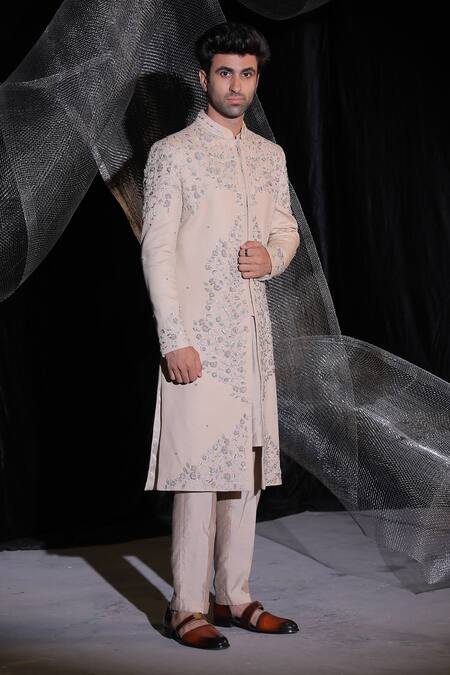 Shop_Ankur J_Beige Zeera Moss Sherwani Embroidery Resham And Dabka Work Set _Online_at_Aza_Fashions