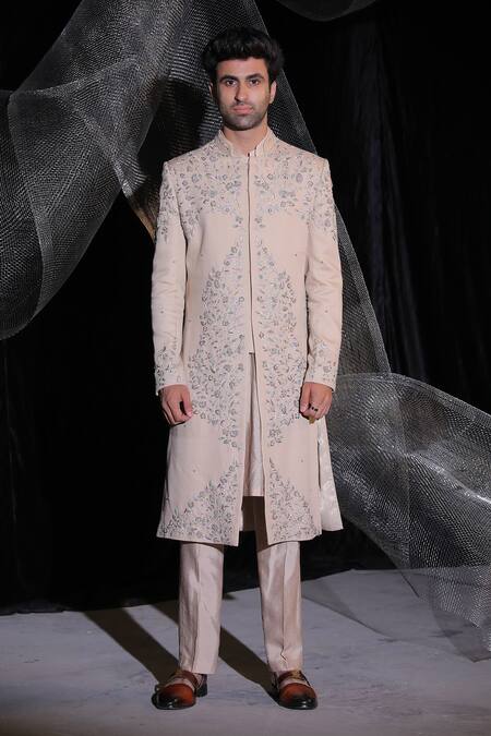 Ankur J_Beige Zeera Moss Sherwani Embroidery Resham And Dabka Work Set _at_Aza_Fashions