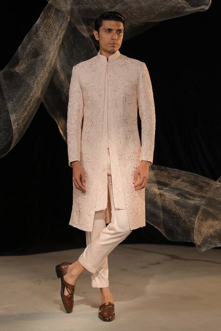 Ankur J_Pink Crepe Sherwani Embroidery Resham Tonal Set _Online_at_Aza_Fashions