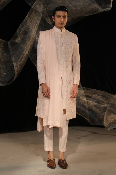 Buy_Ankur J_Pink Crepe Sherwani Embroidery Resham Tonal Set _Online_at_Aza_Fashions