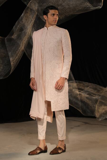 Ankur J_Pink Crepe Sherwani Embroidery Resham Tonal Set _at_Aza_Fashions