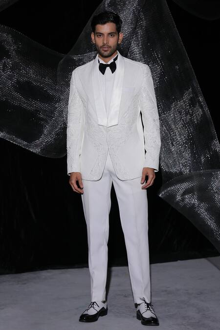 Ankur J_Ivory Barbie Crape Blazer And Pant Embroidery Resham Set _Online_at_Aza_Fashions