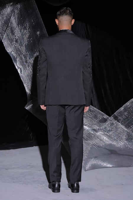 Shop_Ankur J_Black Barbie Crape Blazer And Pant Embroidery Resham Tuxedo Set _at_Aza_Fashions