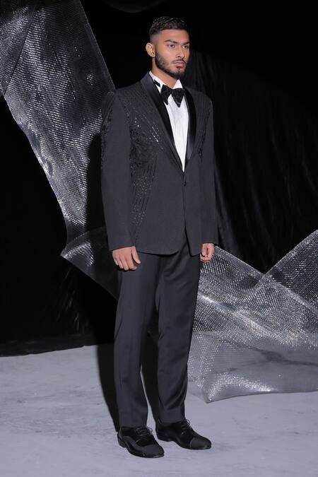 Buy_Ankur J_Black Barbie Crape Blazer And Pant Embroidery Resham Tuxedo Set _Online_at_Aza_Fashions