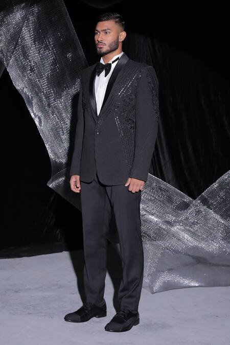 Shop_Ankur J_Black Barbie Crape Blazer And Pant Embroidery Resham Tuxedo Set _Online_at_Aza_Fashions
