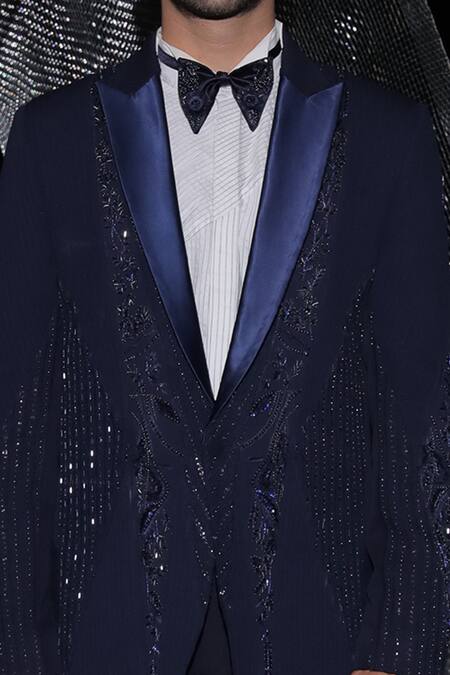 Ankur J_Blue Barbie Crape Blazer And Pant Embroidery Resham Tonal Tuxedo Set _Online_at_Aza_Fashions
