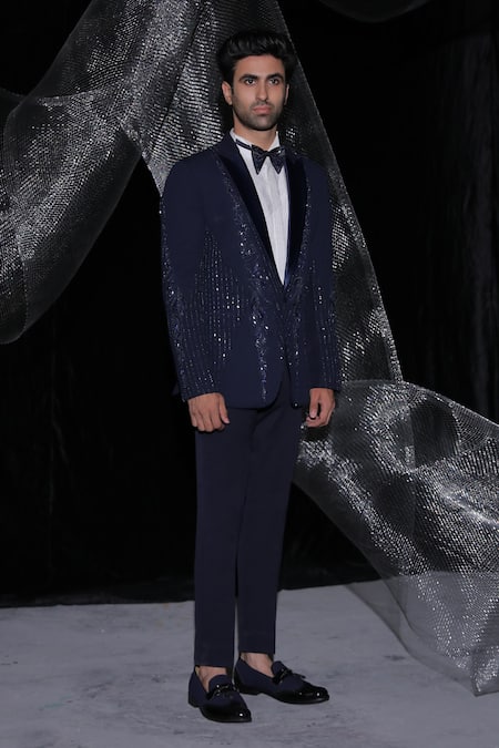 Buy_Ankur J_Blue Barbie Crape Blazer And Pant Embroidery Resham Tonal Tuxedo Set _Online_at_Aza_Fashions