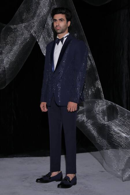 Shop_Ankur J_Blue Barbie Crape Blazer And Pant Embroidery Resham Tonal Tuxedo Set _Online_at_Aza_Fashions