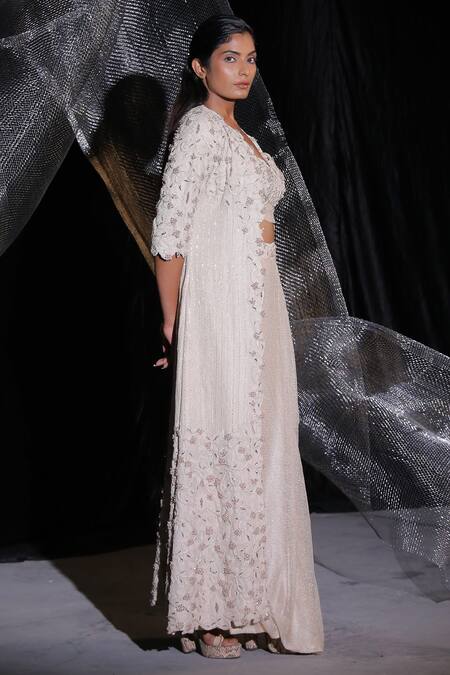 Ankur J_Beige Silk Pearls, Crystals Round , Open Embroidered Jacket Lehenga Set _at_Aza_Fashions