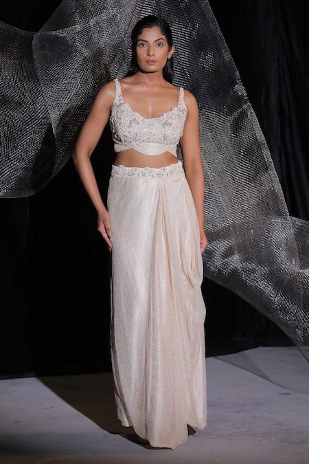 Buy_Ankur J_Beige Silk Pearls, Crystals Round , Open Embroidered Jacket Lehenga Set 