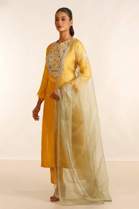 Buy_Garo_Yellow Denim, Organza Embroidery Round Neck Bodice Kurta Pant Set_Online_at_Aza_Fashions